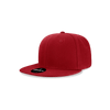 A red high-profile structured snapback cap with a flat brim and a branded tag on the front.
