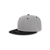 A grey high profile structured snapback cap with a black flat peak and a logo on the front.