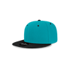 A high-profile structured snapback cap in teal and black, featuring a logo on the front.