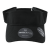 A black sun visor with a textured pattern and a logo patch. It features an adjustable strap at the back.