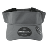 A grey sun visor with a textured pattern and a logo, featuring a branded tag on the front.