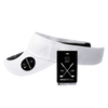 A white sun visor featuring black accents, with a branded tag attached for product information.