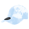 A tie-dye dad hat in light blue with a curved brim and an adjustable strap. It features a logo on the front.