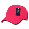 A bright pink 6 panel low profile structured cap with a hangtag and curved brim.