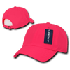 A neon pink 6-panel low profile structured cap featuring a label and a curved brim. The back has an adjustable strap.