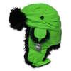 A bright green aviator hat with black faux fur accents and a button detail, featuring a logo tag.