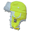 A bright yellow aviator hat with white faux fur trim and a branding tag attached.