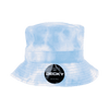 A tie dye bucket hat in light blue, featuring a logo on the side.