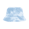 A tie-dye bucket hat in light blue with a wide brim and a textured surface. It features a logo.