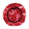 A tie dye bucket hat in various shades of red featuring a textured interior. The hat includes a branding logo.