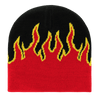 A beanie featuring a black base with red and yellow flame patterns woven into the fabric.
