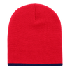 A red beanie with a navy blue stripe at the bottom, featuring a smooth texture and a fitted design.