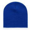 A striped short beanie in blue with a white stripe at the bottom. Features a logo on the side.