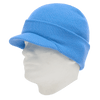 A blue knitted hat with a wide brim, displayed on a mannequin head. The hat is soft and fitted.
