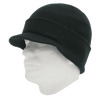 A black knitted beanie with a short brim, displayed on a white mannequin head.