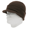 A brown beanie hat displayed on a white mannequin head, featuring a rolled brim design.