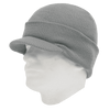 A grey beanie with a brim, worn on a mannequin head. The material is ribbed and knitted.