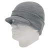 A grey beanie hat with a turned-up brim, displayed on a head model.