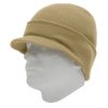 A beanie in a light tan colour with a rolled brim, displayed on a white mannequin head.