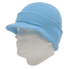 A blue knit hat with a wide brim, displayed on a mannequin head against a transparent background.