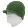 A green knitted beanie displayed on a mannequin head, featuring a rolled brim design.