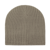 A waffle-patterned beanie in a light brown shade, featuring a textured knit design.