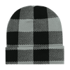 A long plaid beanie in black and grey, featuring a checked pattern. The beanie has a turned-up cuff and a logo.
