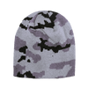 A camo short beanie in shades of grey and black, featuring a textured knit design. It has a small logo on the side.