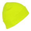 A neon yellow long beanie displayed at an angle, featuring a snug fit and ribbed texture.