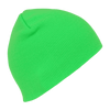 A neon green acrylic short beanie displayed at an angle, showcasing its ribbed texture and vibrant colour.