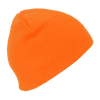 A bright orange acrylic short beanie with a ribbed texture, featuring a logo.