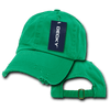 A green six-panel low profile relaxed vintage dad hat with a distressed look and a branding label.