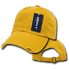 A yellow vintage dad hat with a relaxed fit, featuring a branded tag and a distressed design.