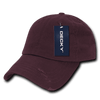 A maroon 6 panel low profile relaxed vintage dad hat with a tag and distressed detailing.