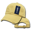A yellow vintage dad hat featuring a distressed design and an attached tag, with an adjustable strap at the back.