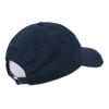 A navy blue low profile relaxed vintage dad hat featuring a back strap and an embedded logo.