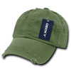 A vintage green dad hat with a low profile, featuring a frayed brim and a tag with branding.