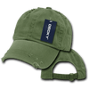 A green vintage dad hat with a relaxed fit, featuring a distressed design and a logo tag.