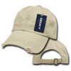 A beige vintage dad hat with a relaxed fit, featuring distressing and a brand tag attached.