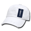 A white, relaxed vintage dad hat with a distressed design and a tag attached. It has a logo on the tag.