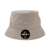 A beige bucket hat featuring a logo, with a wide brim for sun protection.