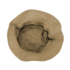 A tan bucket hat viewed from above, featuring a textured exterior and a smooth inner lining.
