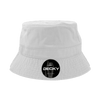 A white bucket hat with a textured finish and a logo badge on the front.