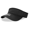 A black polo visor with a wide brim and an attached logo. The visor is designed for sun protection.