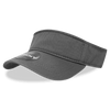 A grey visor with a wide brim and a branded tag on the front, positioned at an angle.