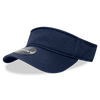 A navy blue visor with a wide brim and a circular branded patch on the front.