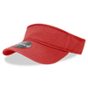 A red visor with a wide brim and an adjustable strap, featuring a logo.