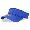 A blue polo visor featuring a wide brim and a logo on the front.