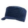 A flat top cap in dark blue with a textured, ribbed design and a short visor. Features a logo on the side.