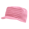A pink knitted cap with a flat top, featuring a raised ribbed texture. It has a soft visor and branding.